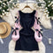 Square Neckline Pink Sleeve Black Dress