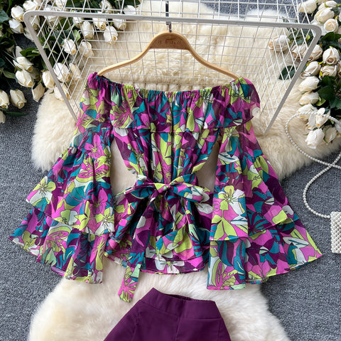 Floral Chiffon Top&Wide-leg Trousers 2Pcs
