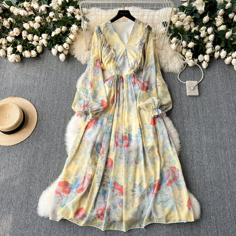French Style Flared Sleeve Floral Dress