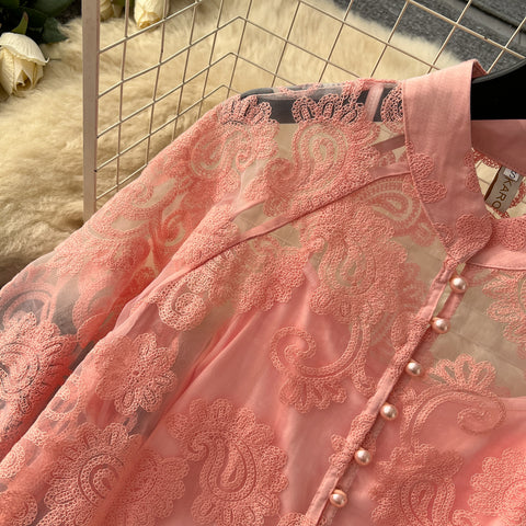 Embroidered Mesh Shirt & Skirt 2Pcs