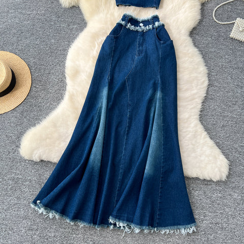 Tank Top & Fringed Skirt Denim 2Pcs