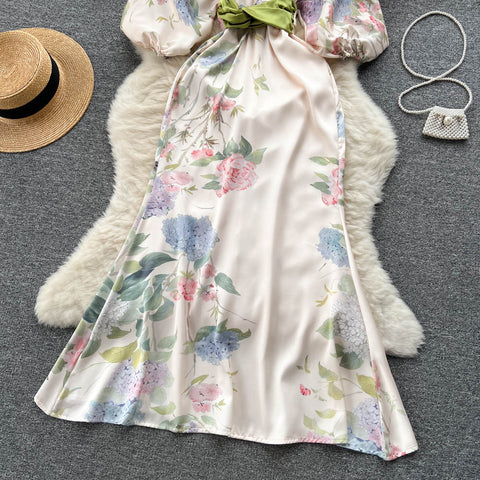 Japanese-Inspired Floral Print V-Neck Dress