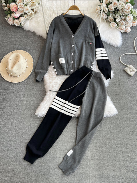 V-neck Cardigan&Drawstring Trousers 2Pcs
