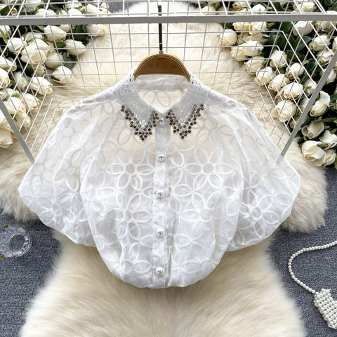 Niche Beaded Hollowed Mesh Blouse