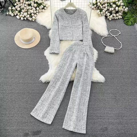 Round Collar Cardigan&Trousers 2Pcs