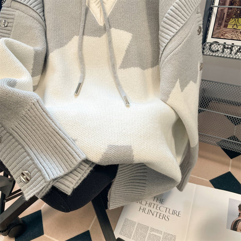 Faux Two-pieces Patchwork Hooded Knitwear