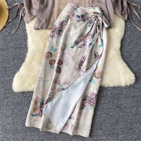 Chiffon Cardigan&Camisole&Floral Skirt 3Pcs