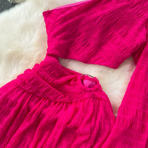 Slant Neckline Hollowed Rose Red Dress