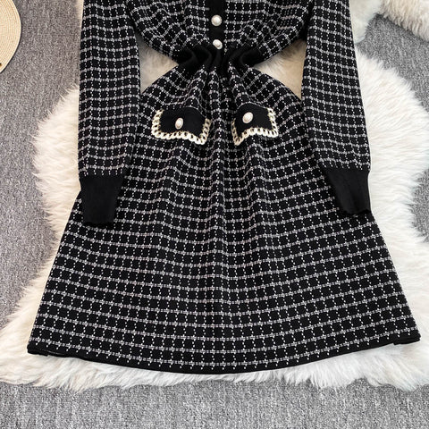 Lapeled Plaid Tweed Knitted Dress