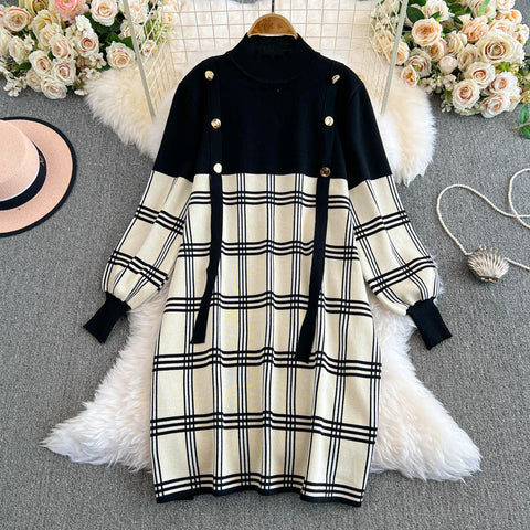Plaid Knitted Patchwork Drawstring Dress