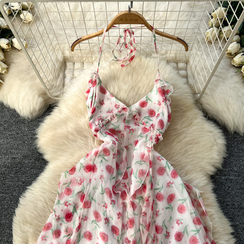 Irregular Design Fairy Floral Halter Dress