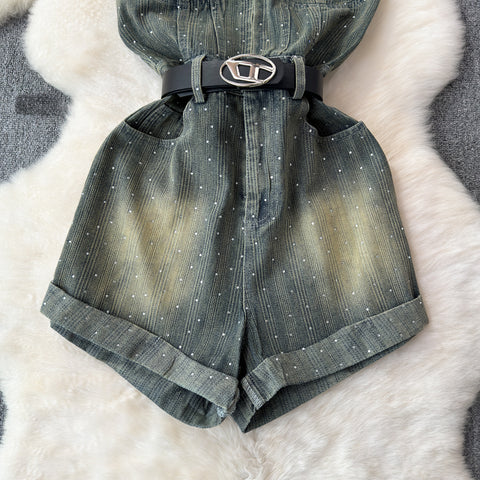 Chic Off-shoulder Sequined Denim Romper