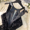 Rhinestone Studded Shiny Black Halter Dress