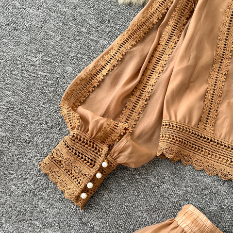 V-neck Shirt&Skirt Lace Patchwork 2Pcs