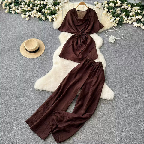 Draped Neckline Top & Wide-leg Trousers 2Pcs