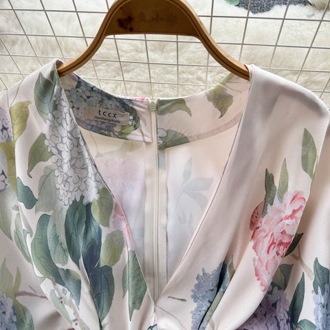Japanese-Inspired Floral Print V-Neck Dress