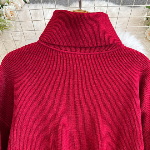 Turtleneck Sweater&Split Skirt 2Pcs