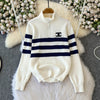 Lapeled Stripe Embroidered Pullover Knitwear