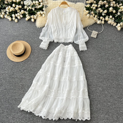 V-neck Shirt&Skirt Lace Patchwork 2Pcs
