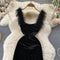 Furry Strap Black Velvet Dress