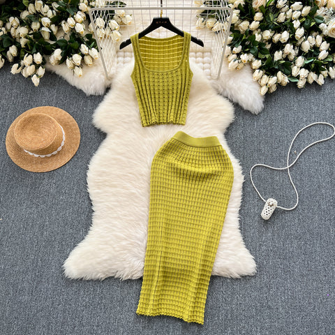 Camisole&Skirt Plaid Knitted 2Pcs