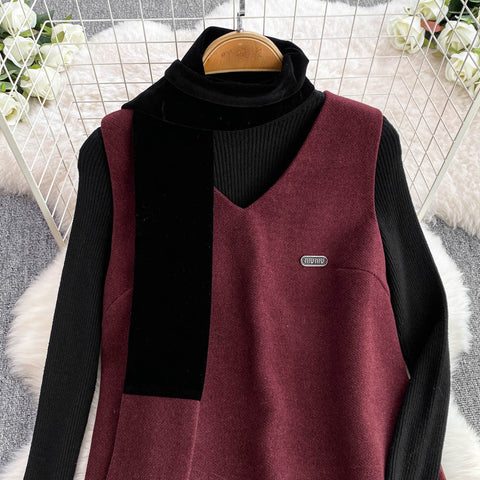 Patchwork Vest Dress&Black Sweater 2Pcs