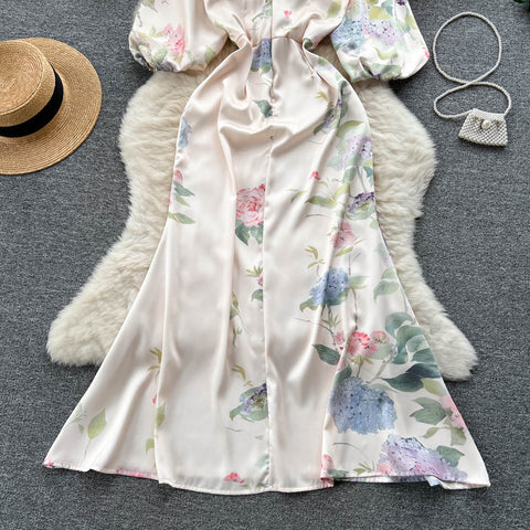 Japanese-Inspired Floral Print V-Neck Dress