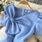 Knotted Bow Pleated Blue Dress