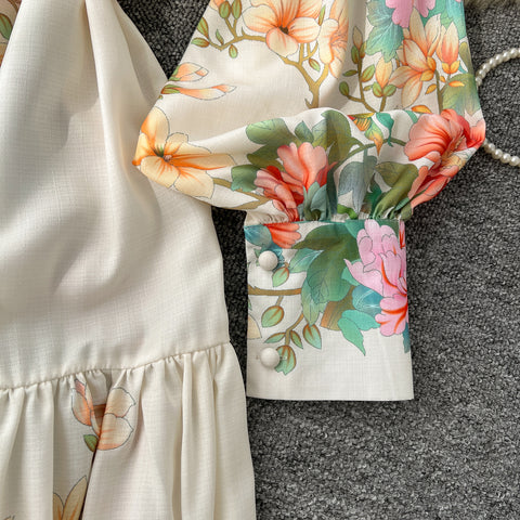 Courtly Lace-up Floral Shirt Dress