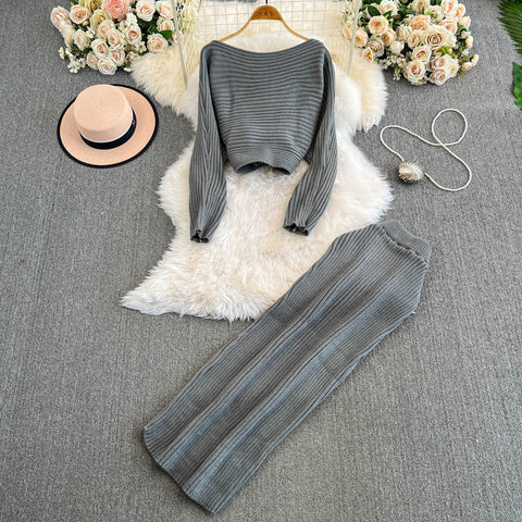 Striped Sweater&Slim Skirt 2Pcs