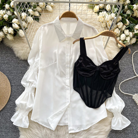 Satin Fishtail Camisole & White Shirt 2Pcs