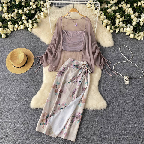 Chiffon Cardigan&Camisole&Floral Skirt 3Pcs