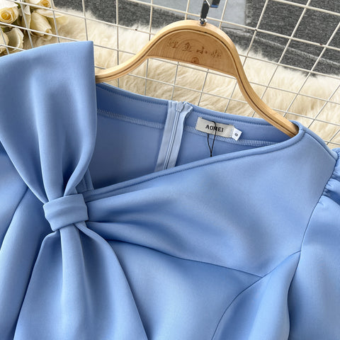 Knotted Bow Pleated Blue Dress