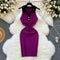 Stretchy Lapeled Knitted Halter Dress