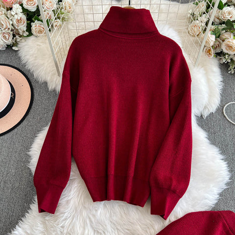 Turtleneck Sweater&Split Skirt 2Pcs