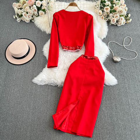 Rhinestone Studded Sweater&Skirt 2Pcs