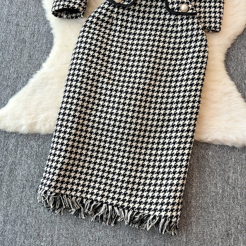 Bow Cardigan&Skirt Houndstooth 2Pcs