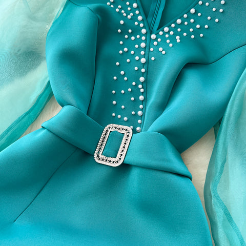 V-neck Beaded Mesh Patchwork Dress