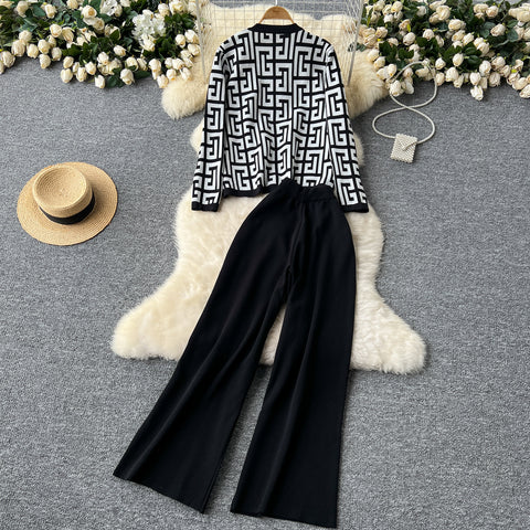 Maze Pattern Cardigan&Camisole&Trousers 3Pcs