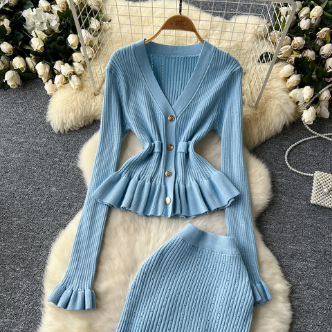 Ruffled Cardigan&Fishtail Skirt 2Pcs