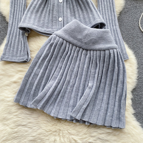 Waist-slimming Cardigan&Pleated Skirt 2Pcs