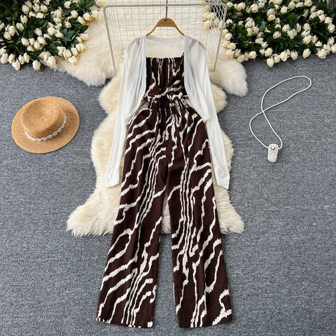 White Cardigan&Floral Jumpsuit 2Pcs