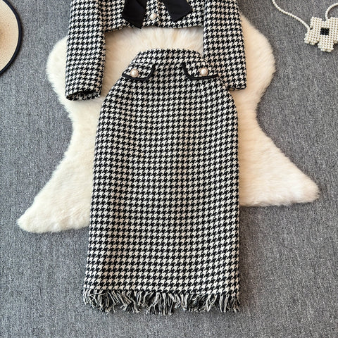 Bow Cardigan&Skirt Houndstooth 2Pcs