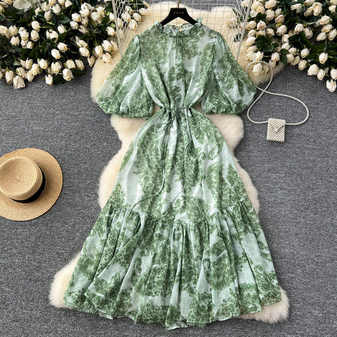 French Style Puffy Sleeve Ruffled Dress