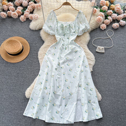Ruffled Neckline Floral Split Dress