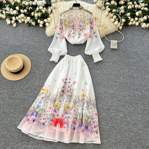 Flared-sleeve Shirt & Skirt Floral 2Pcs