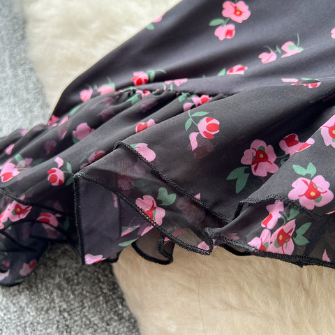 Asymmetric Mesh Floral Black Dress