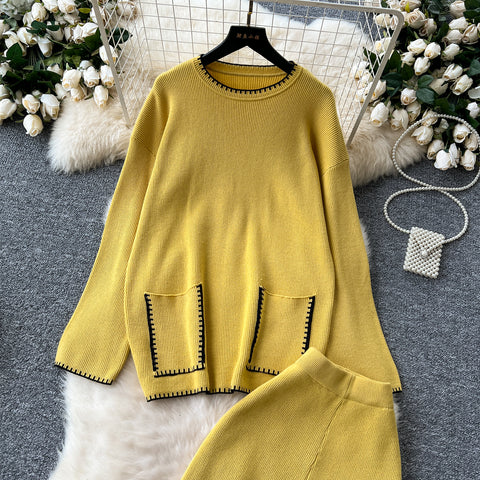 Round-collar Sweater&Trousers 2Pcs