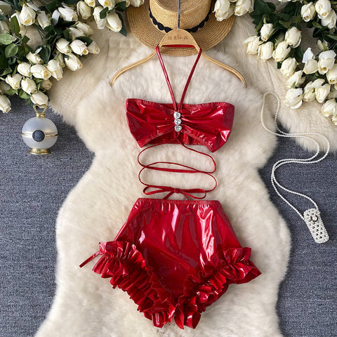 Halter Top&Ruffled Shorts PU 2Pcs