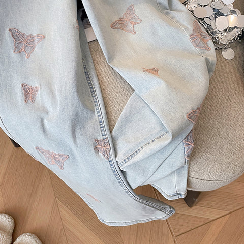 Butterfly Embroidered Wathet Denim Jeans